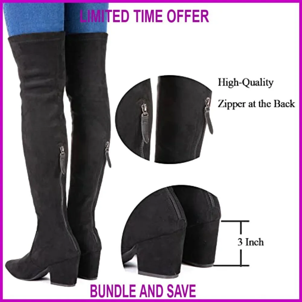 Stretch Suede Over Knee Boots Women's Block Heel Pointed Toe